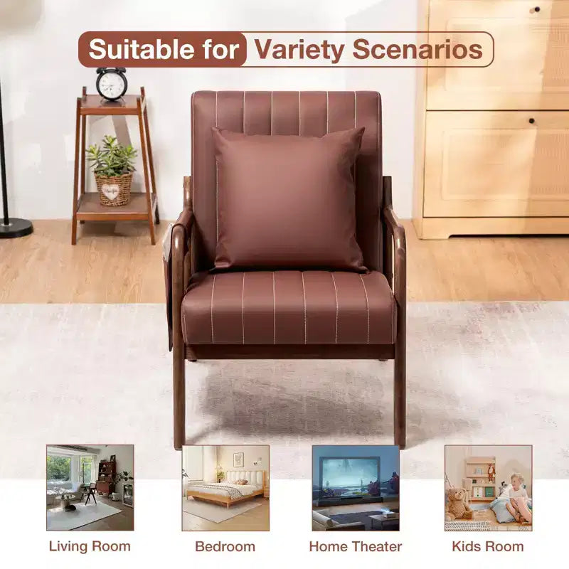 Poltrona accent mid-century, in similpelle con struttura in legno massello, cuscino lombare e tasca laterale
