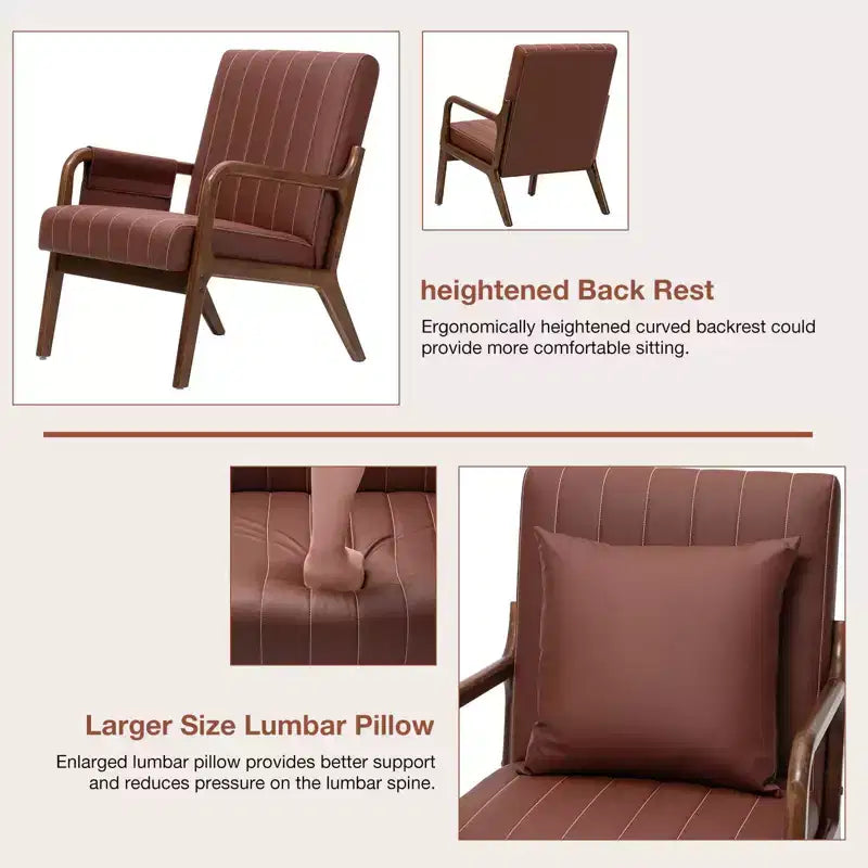 Poltrona accent mid-century, in similpelle con struttura in legno massello, cuscino lombare e tasca laterale