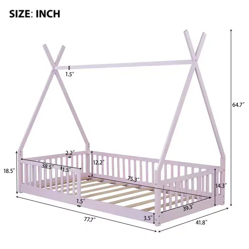 Letto a terra matrimoniale con recinzione e sponde di sicurezza, struttura a tenda in legno di pino per bambini dai 2 ai 12 anni
