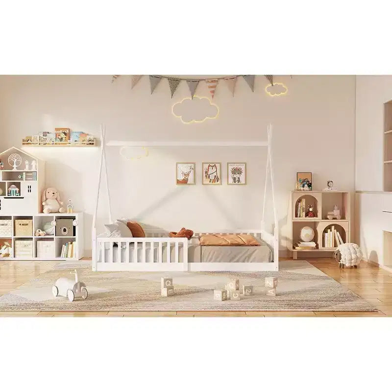 Okak Floor Bed Twin Size with Fence, Pine Wood Tent Bed Frame with Safety Rails, Kids Bed for Imaginative Play & Sleep