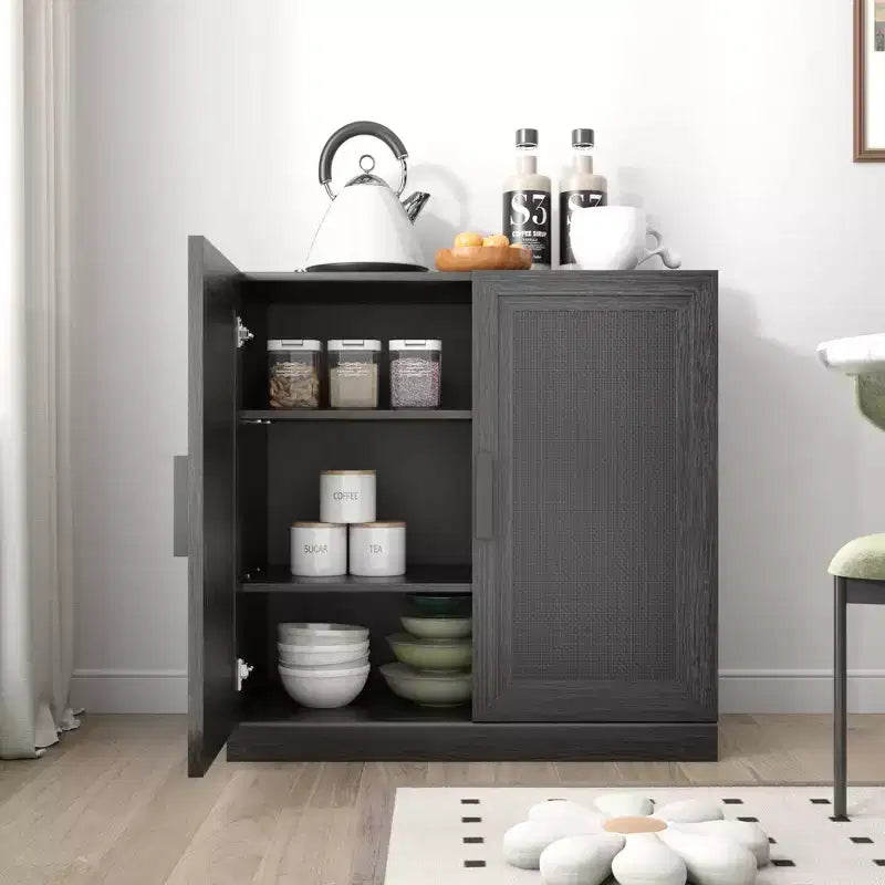 Madia Venata 31x31x16 Nera, Organizer con Ripiani Regolabili e Ante in Rattan per Cucina, Camera da Letto, Soggiorno/Sala da Pranzo