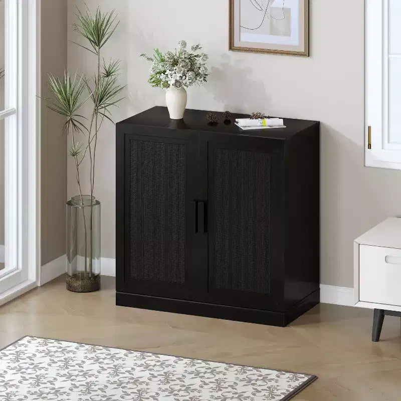 Madia Venata 31x31x16 Nera, Organizer con Ripiani Regolabili e Ante in Rattan per Cucina, Camera da Letto, Soggiorno/Sala da Pranzo