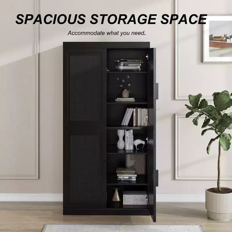Madia Venata 31x31x16 Nera, Organizer con Ripiani Regolabili e Ante in Rattan per Cucina, Camera da Letto, Soggiorno/Sala da Pranzo