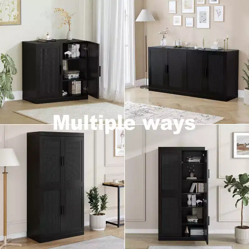Madia Venata 31x31x16 Nera, Organizer con Ripiani Regolabili e Ante in Rattan per Cucina, Camera da Letto, Soggiorno/Sala da Pranzo