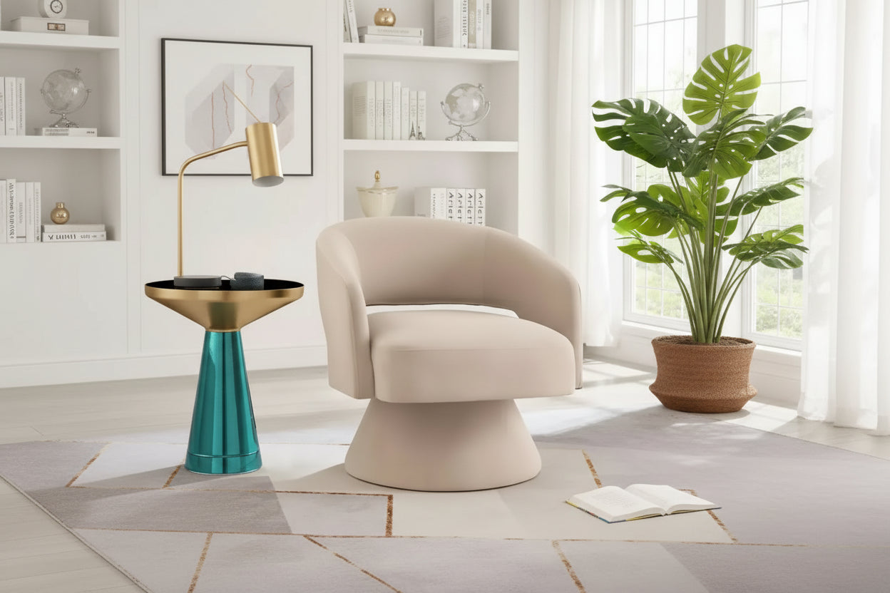Okak Modern Swivel Accent Chairs for Bedroom, Upholstered Velvet Round Accent Chairs, 360 Degree Comfy Swivel Chair with Open Backrest