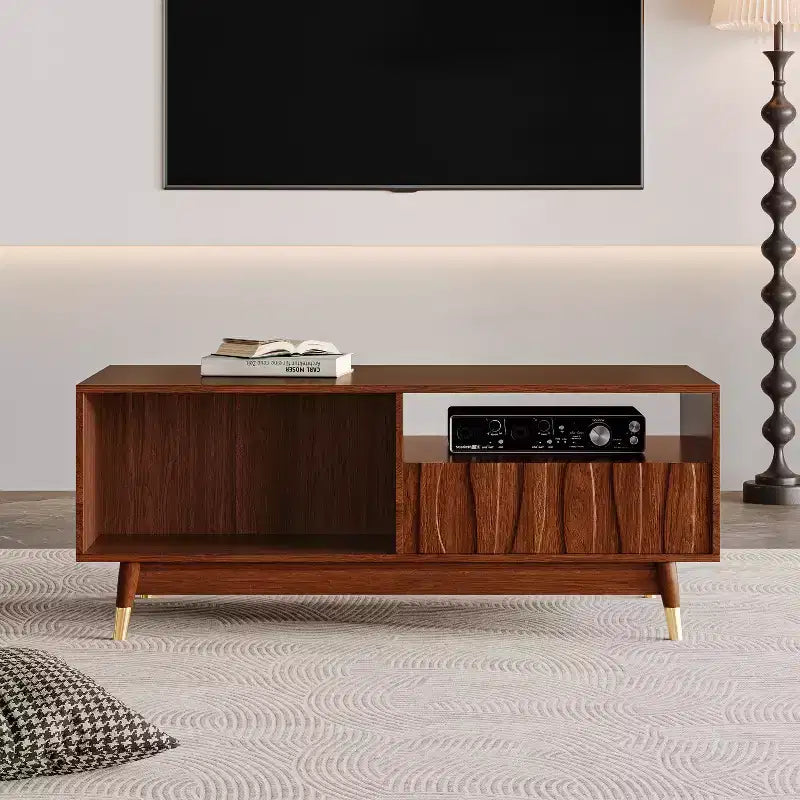 47" Mid-Century Modern Walnut Coffee Table with 2 Drawers & Open Storage, MDF, 150 lb Capacity