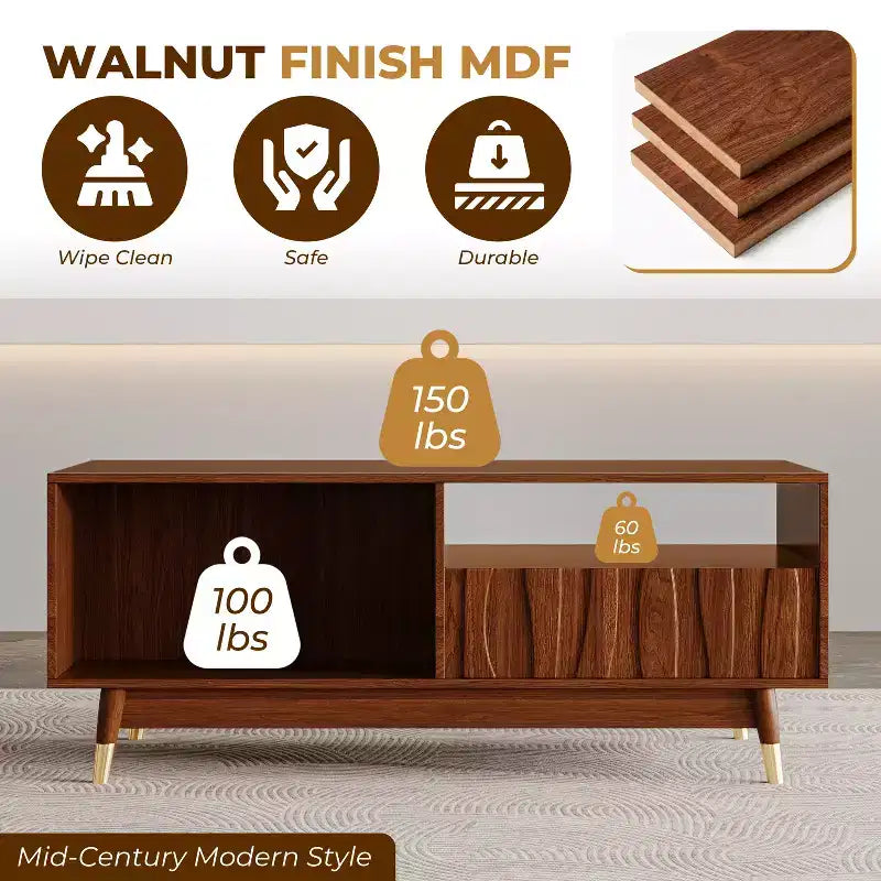 Tavolino da caffè in noce da 47" moderno di metà secolo con 2 cassetti e vano a giorno, MDF, capacità 150 libbre