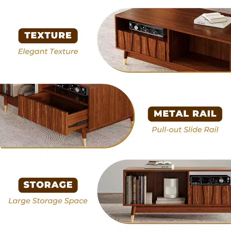 47" Mid-Century Modern Walnut Coffee Table with 2 Drawers & Open Storage, MDF, 150 lb Capacity