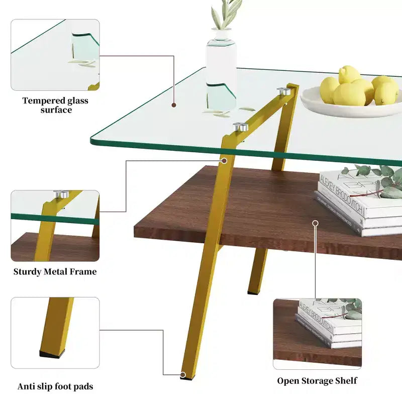 Tavolino da caffè rettangolare, piano in vetro temperato con gambe in metallo color oro, tavolo moderno per soggiorno, vetro trasparente