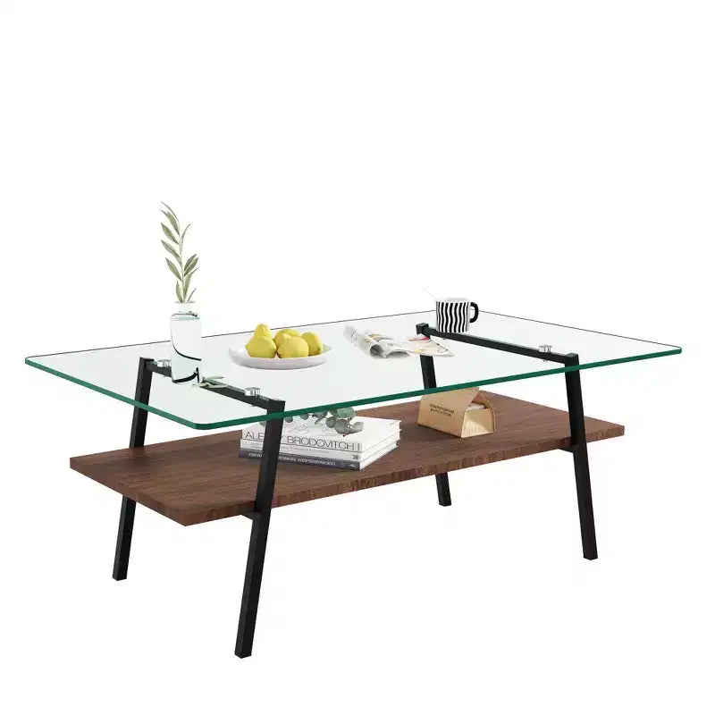 Tavolino da caffè rettangolare, piano in vetro temperato con gambe in metallo color oro, tavolo moderno per soggiorno, vetro trasparente