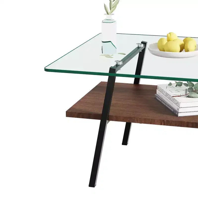 Tavolino da caffè rettangolare, piano in vetro temperato con gambe in metallo color oro, tavolo moderno per soggiorno, vetro trasparente