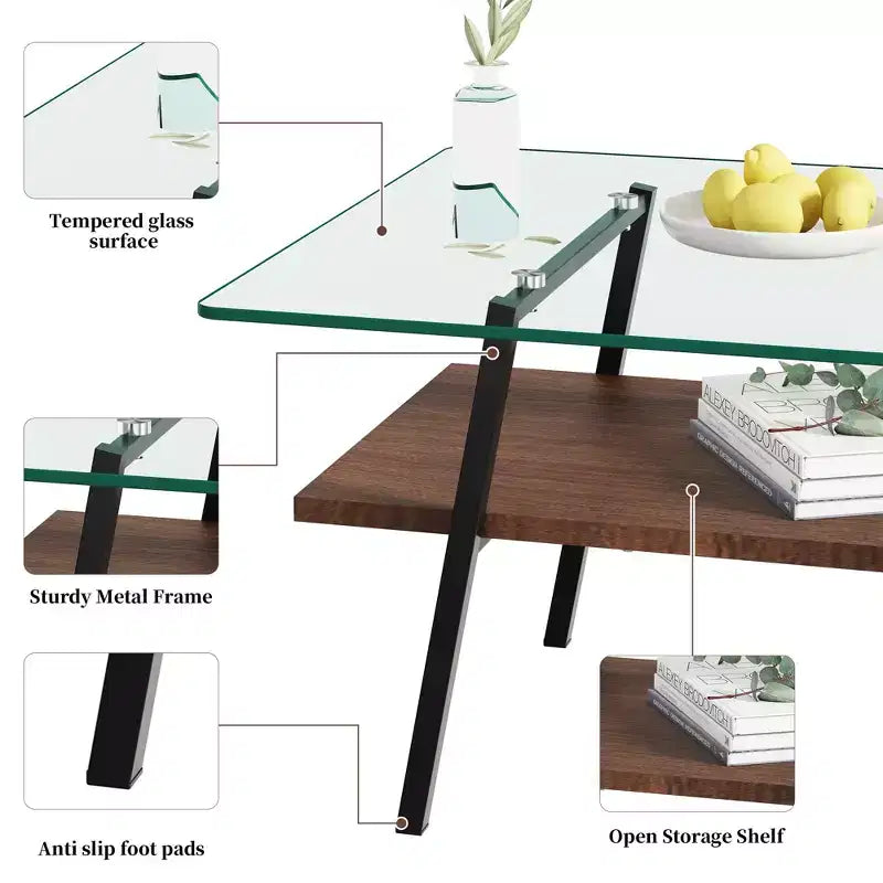Tavolino da caffè rettangolare, piano in vetro temperato con gambe in metallo color oro, tavolo moderno per soggiorno, vetro trasparente