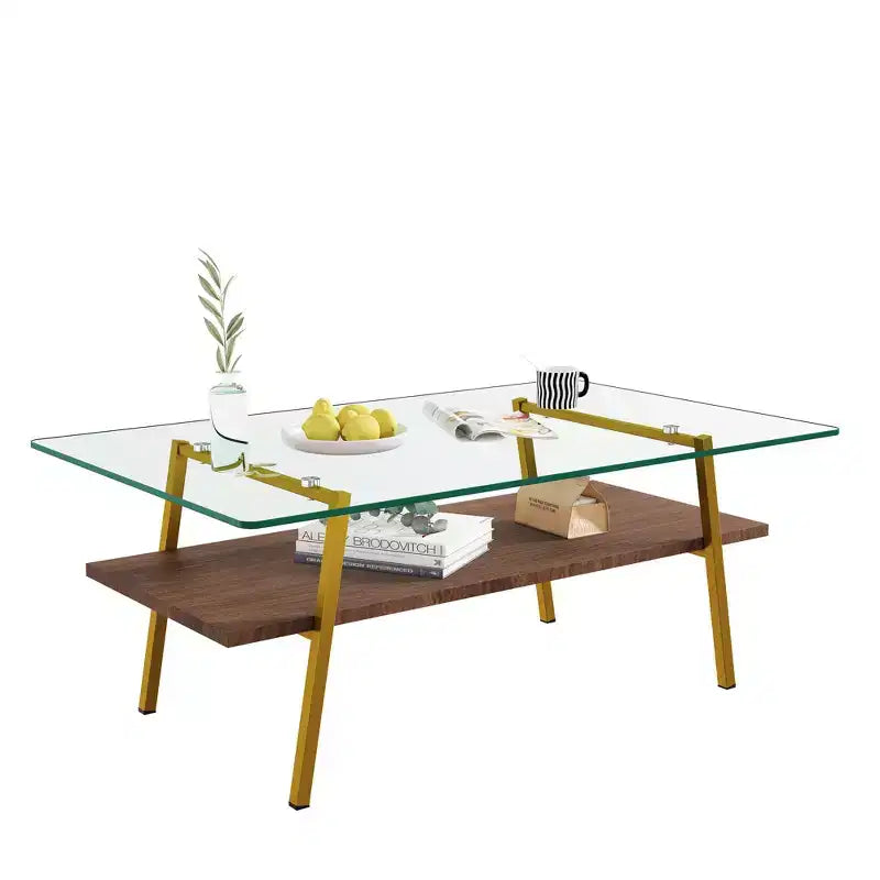 Tavolino da caffè rettangolare, piano in vetro temperato con gambe in metallo color oro, tavolo moderno per soggiorno, vetro trasparente