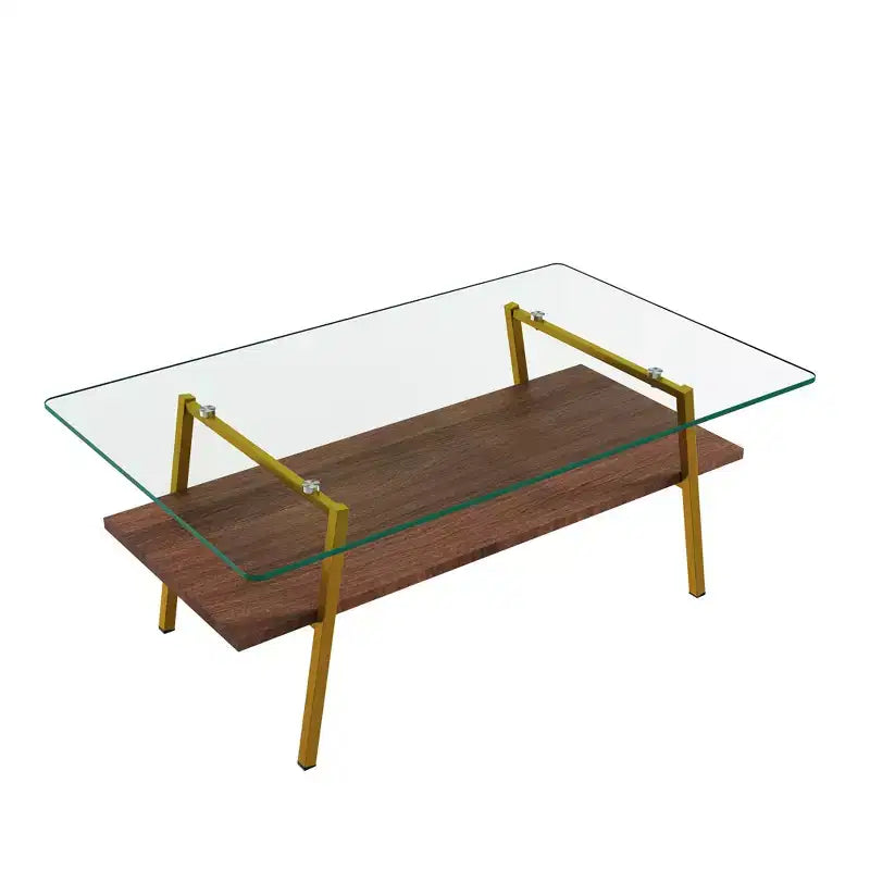 Tavolino da caffè rettangolare, piano in vetro temperato con gambe in metallo color oro, tavolo moderno per soggiorno, vetro trasparente