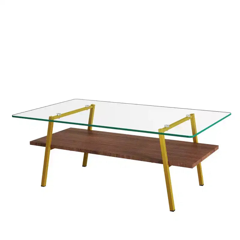 Tavolino da caffè rettangolare, piano in vetro temperato con gambe in metallo color oro, tavolo moderno per soggiorno, vetro trasparente