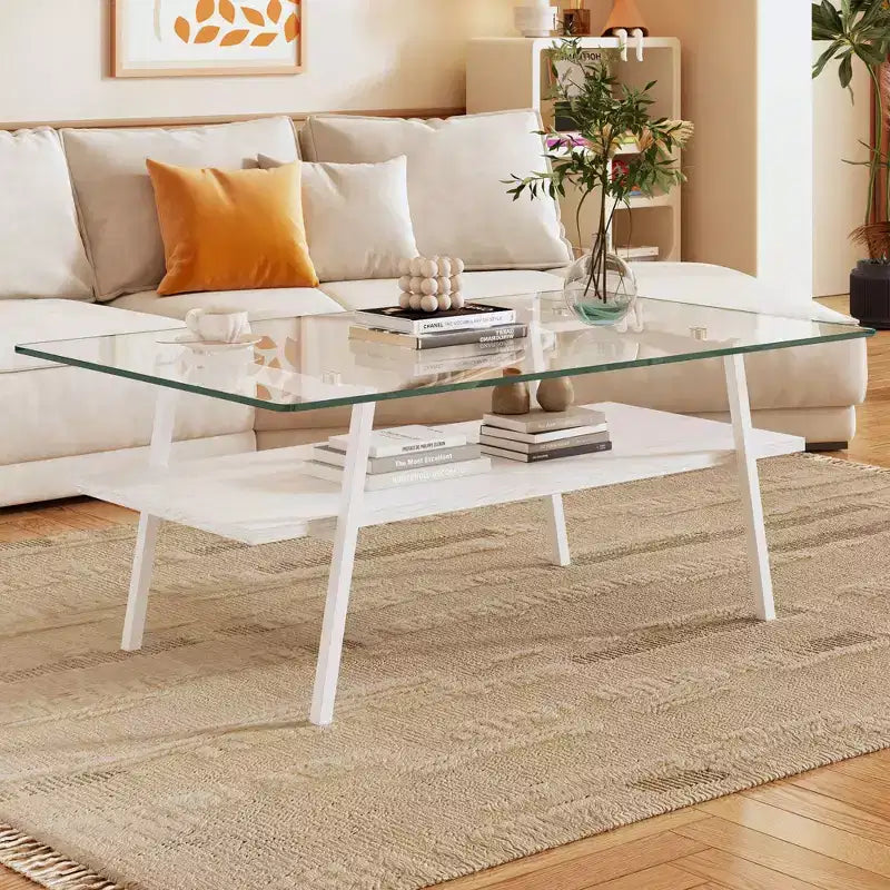 Tavolino da caffè rettangolare, piano in vetro temperato con gambe in metallo color oro, tavolo moderno per soggiorno, vetro trasparente