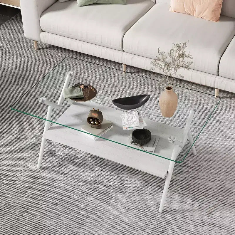 Modern Rectangle Coffee Table with Tempered Glass Top and Stylish White Metal Legs for Living Room