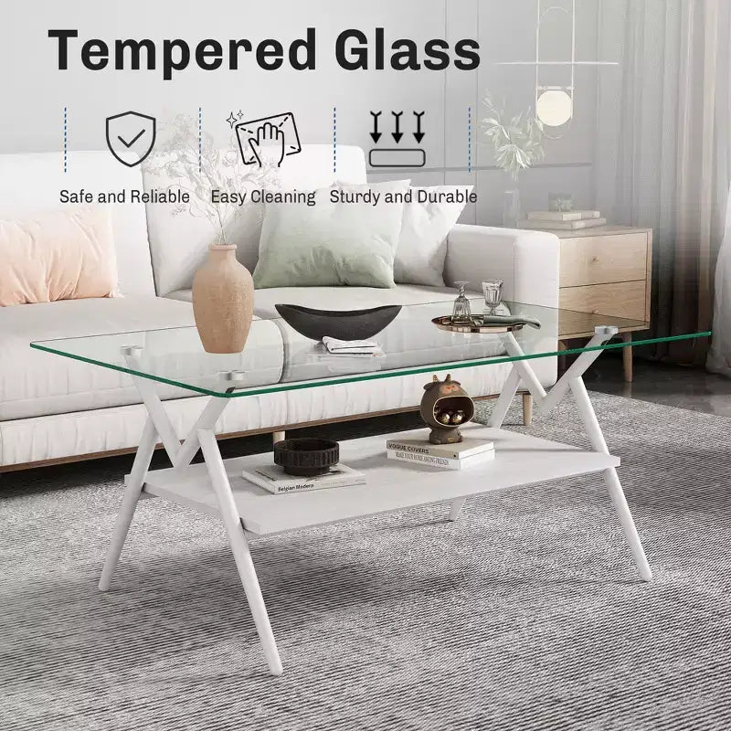 Modern Rectangle Coffee Table with Tempered Glass Top and Stylish White Metal Legs for Living Room
