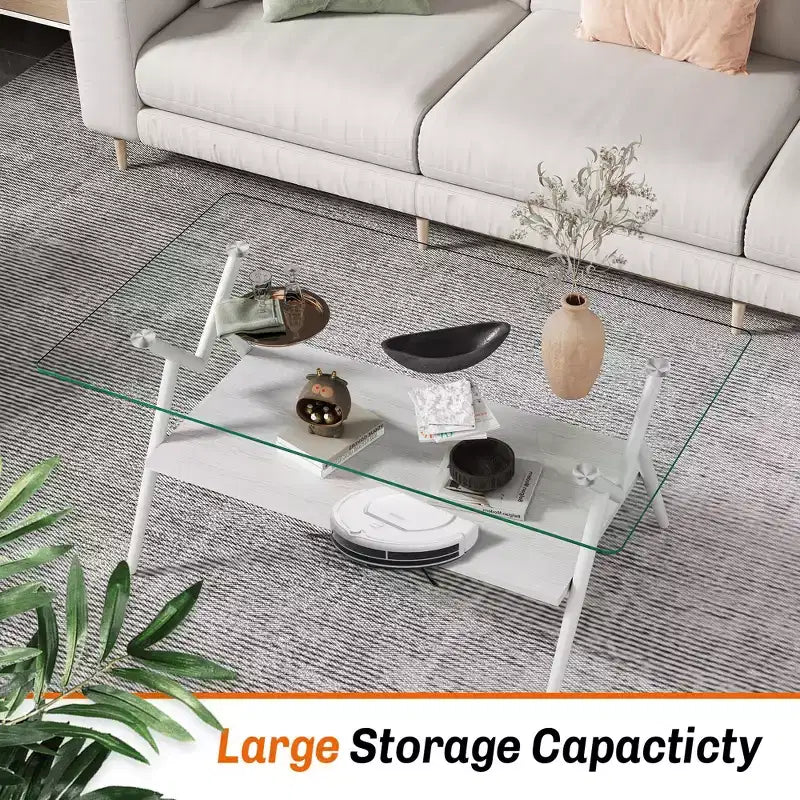 Modern Rectangle Coffee Table with Tempered Glass Top and Stylish White Metal Legs for Living Room