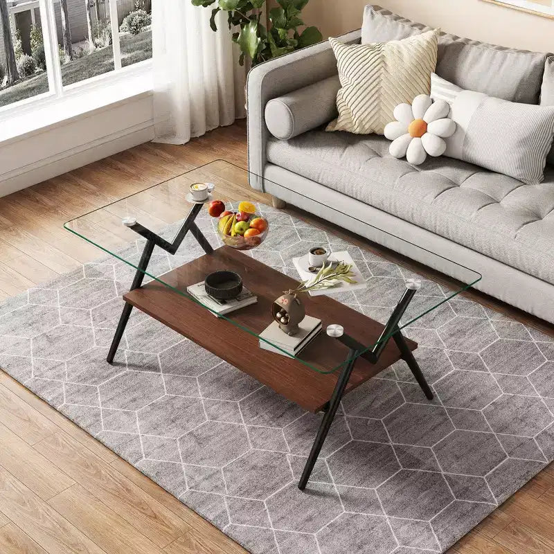 Modern Rectangle Coffee Table with Tempered Glass Top and Stylish White Metal Legs for Living Room