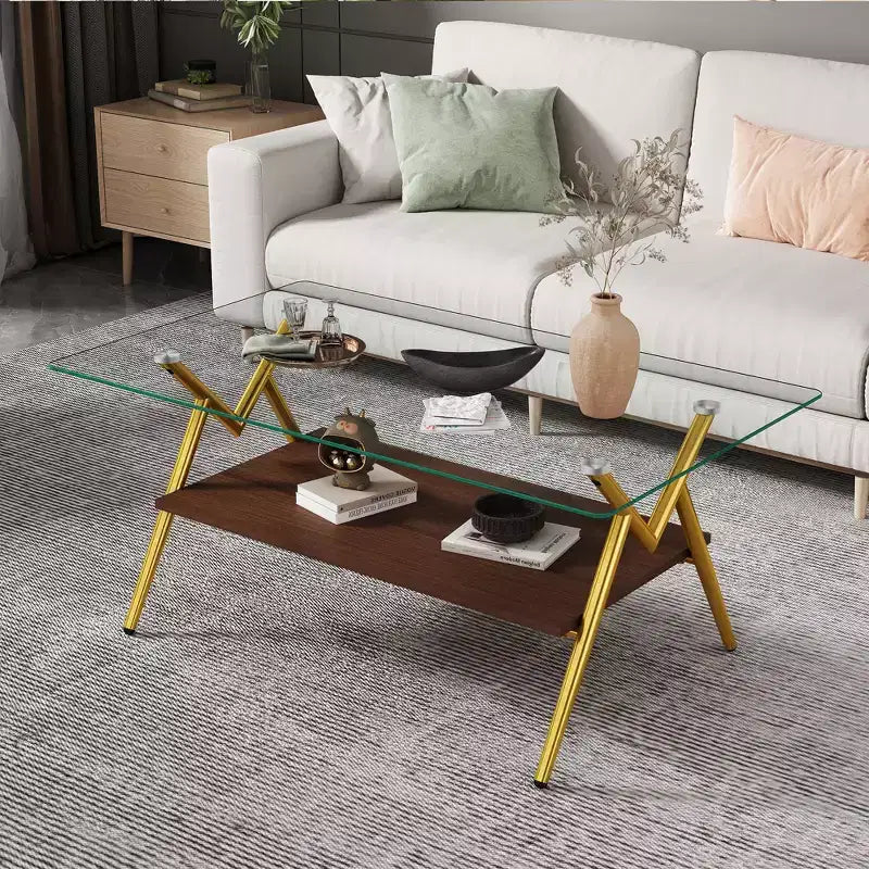 Modern Rectangle Coffee Table with Tempered Glass Top and Stylish White Metal Legs for Living Room