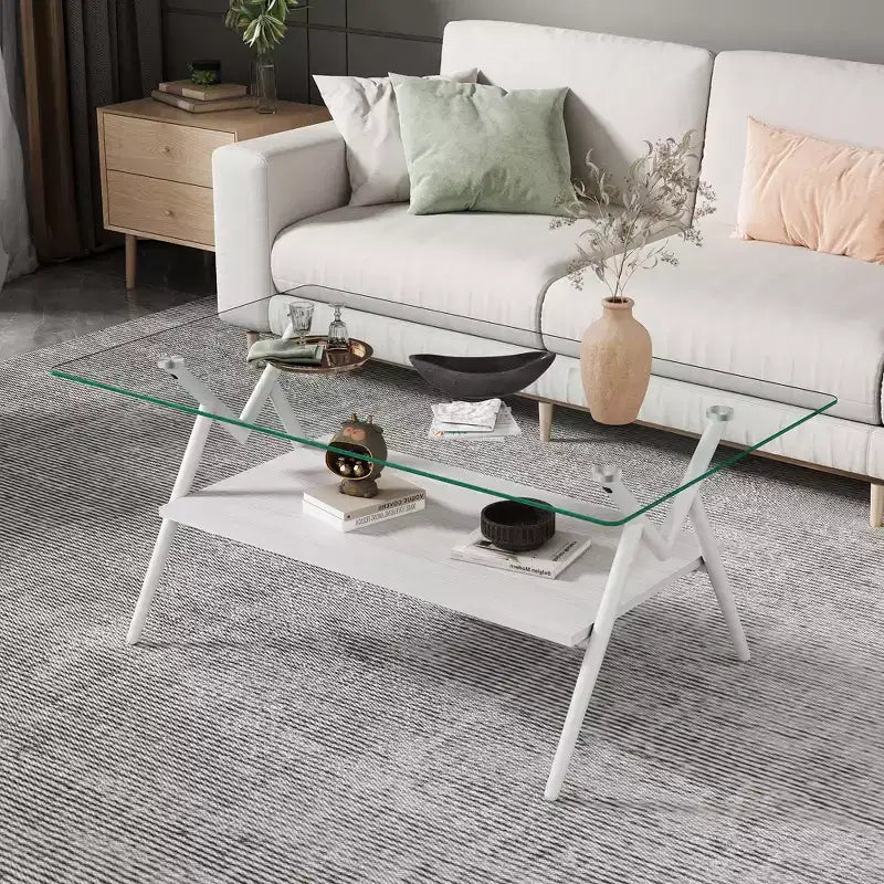 Modern Rectangle Coffee Table with Tempered Glass Top and Stylish White Metal Legs for Living Room
