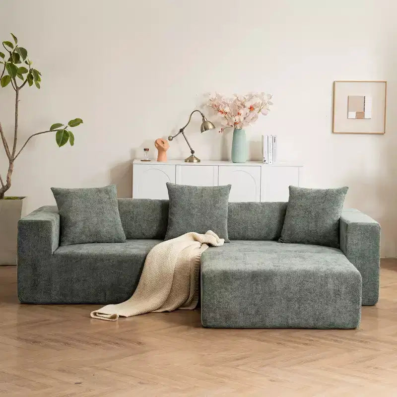 Modular L-Shaped Sofa Couch, Chenille Fabric Cloud Sofa with Soft Cushion for Living Room & Bedroom, Non-Assembly, Beige/Green - ModernLuxe
