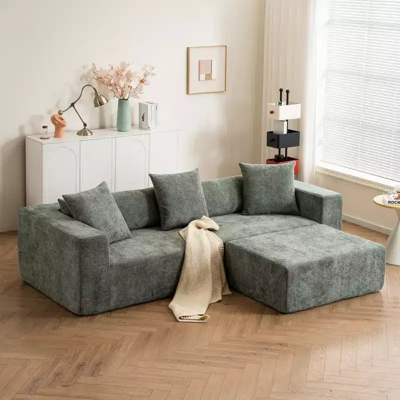 Divano modulare a L in ciniglia "Cloud" con morbidi cuscini, nessun assemblaggio richiesto - Beige/Verde