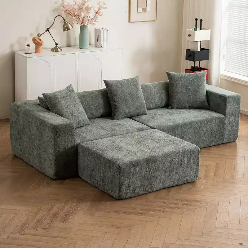 Divano modulare a L in ciniglia "Cloud" con morbidi cuscini, nessun assemblaggio richiesto - Beige/Verde