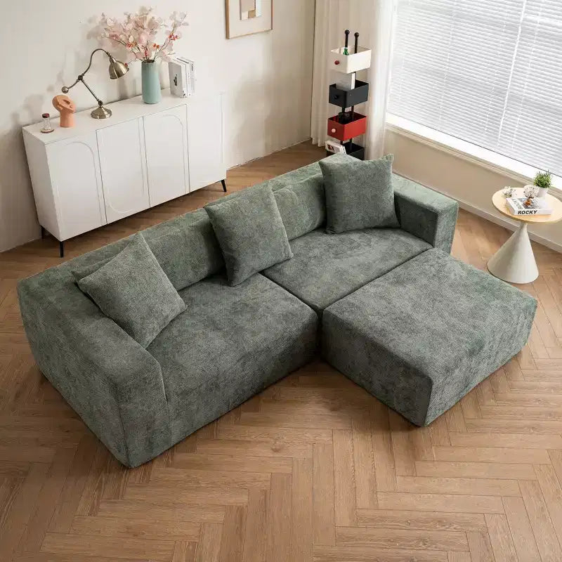 Divano modulare a L in ciniglia "Cloud" con morbidi cuscini, nessun assemblaggio richiesto - Beige/Verde
