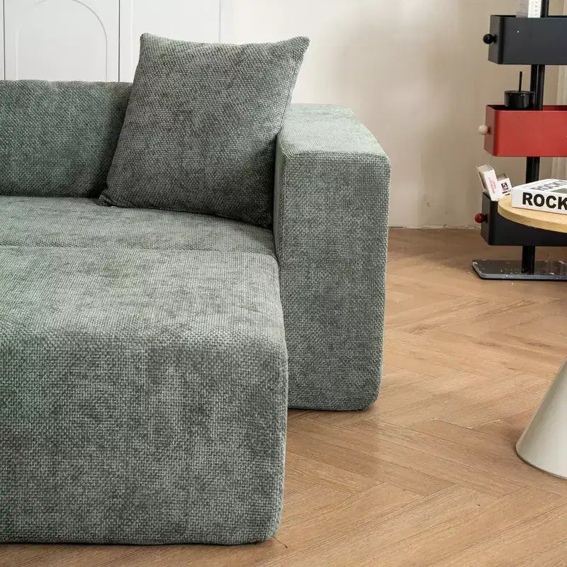 Divano modulare a L in ciniglia "Cloud" con morbidi cuscini, nessun assemblaggio richiesto - Beige/Verde
