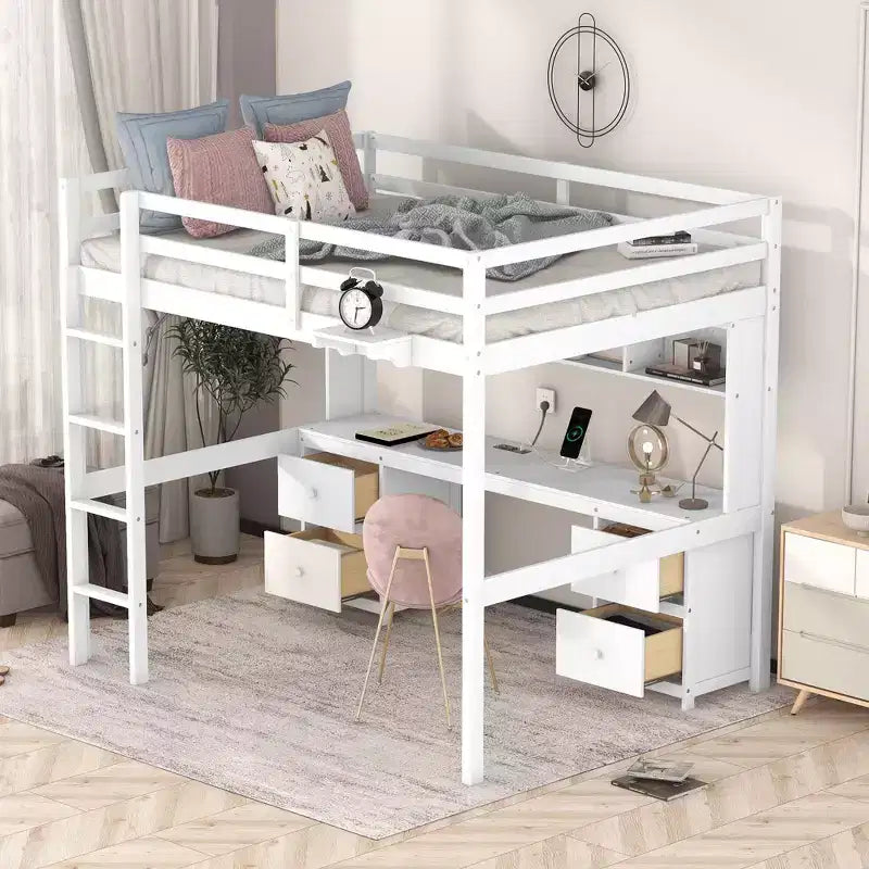 Letto a soppalco in legno a grandezza naturale con scrivania, mobili contenitori e stazione di ricarica per bambini e ragazzi