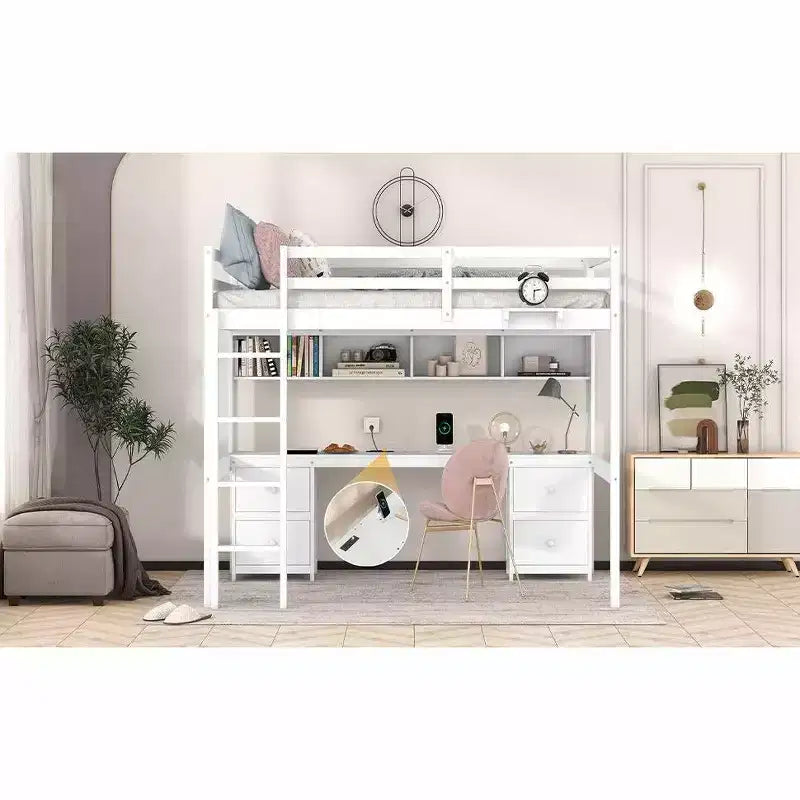Letto a soppalco in legno a grandezza naturale con scrivania, mobili contenitori e stazione di ricarica per bambini e ragazzi