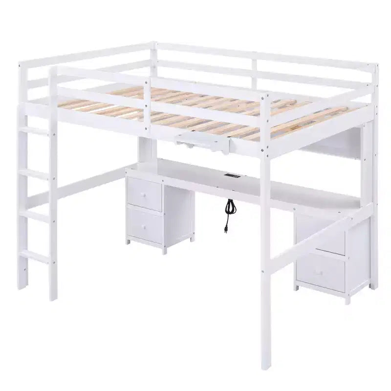 Letto a soppalco in legno a grandezza naturale con scrivania, mobili contenitori e stazione di ricarica per bambini e ragazzi