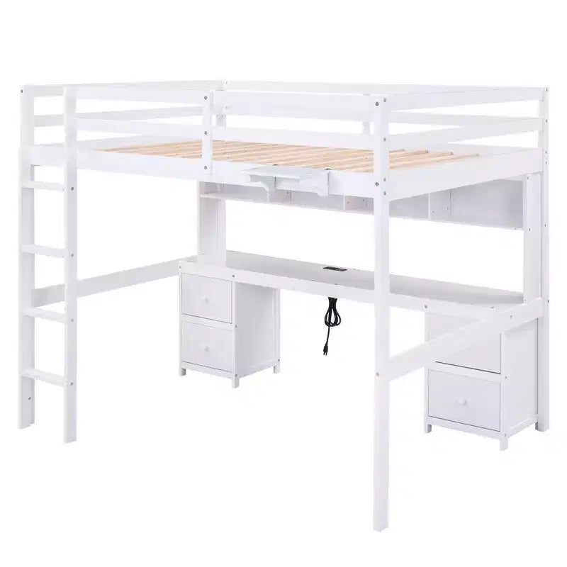 Letto a soppalco in legno a grandezza naturale con scrivania, mobili contenitori e stazione di ricarica per bambini e ragazzi