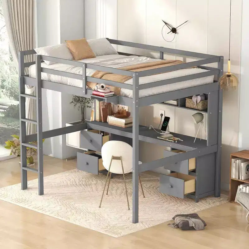 Letto a soppalco in legno a grandezza naturale con scrivania, mobili contenitori e stazione di ricarica per bambini e ragazzi