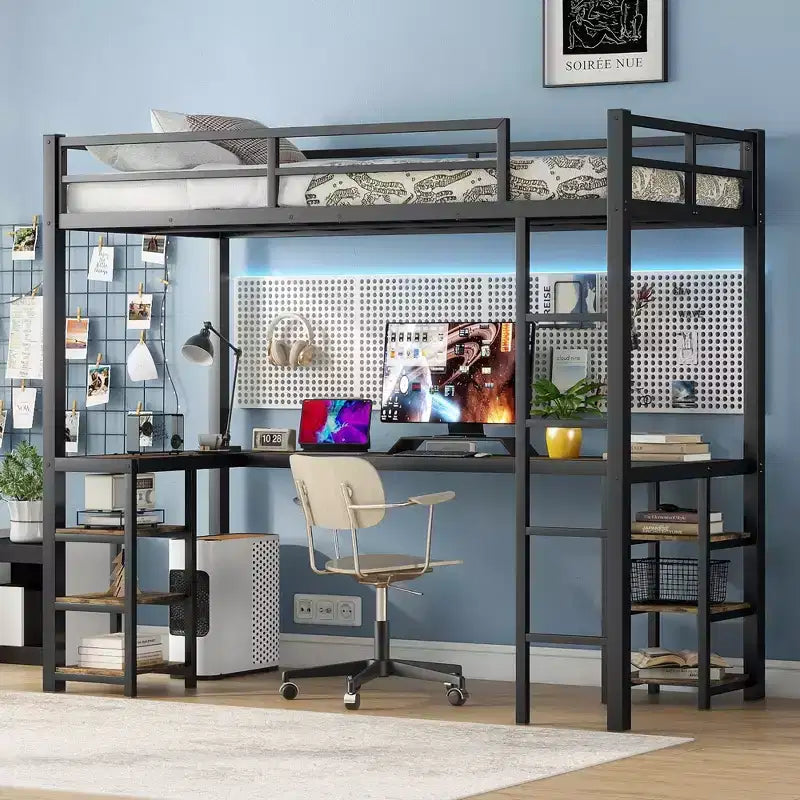 Okak Loft Bed with L-Shaped Desk,Metal Bunk Beds with Bookshelf & Safety Rails for Small Bedrooms,High Loft Beds for Kids,Teens