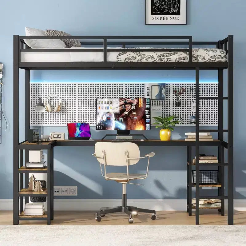 Letto a soppalco in metallo Twin XL con scrivania a L, libreria e sponde di sicurezza per bambini e ragazzi