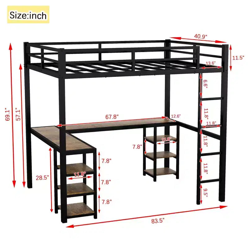Letto a soppalco in metallo Twin XL con scrivania a L, libreria e sponde di sicurezza per bambini e ragazzi
