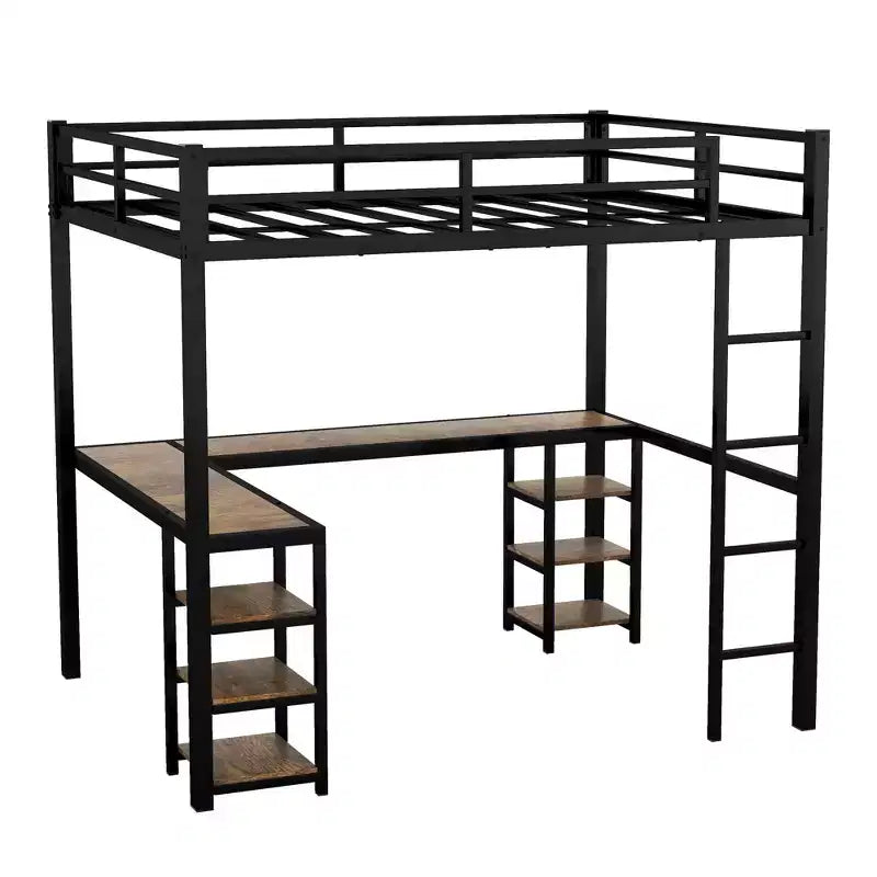 Letto a soppalco in metallo Twin XL con scrivania a L, libreria e sponde di sicurezza per bambini e ragazzi