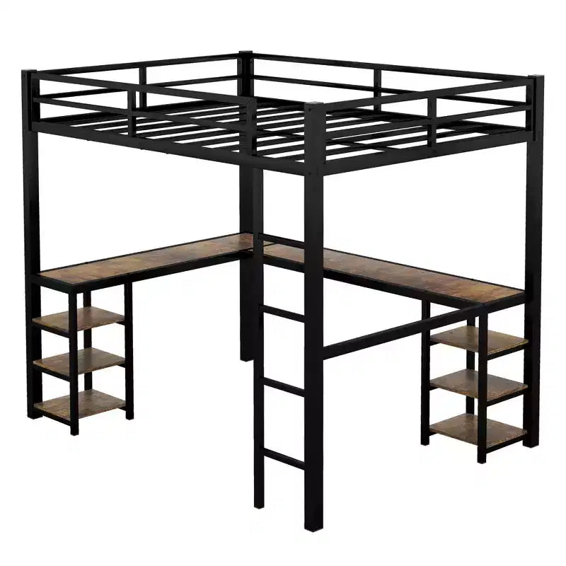 Letto a soppalco in metallo Twin XL con scrivania a L, libreria e sponde di sicurezza per bambini e ragazzi