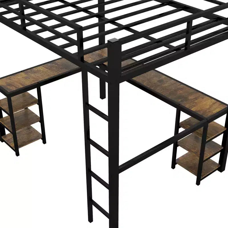 Letto a soppalco in metallo Twin XL con scrivania a L, libreria e sponde di sicurezza per bambini e ragazzi