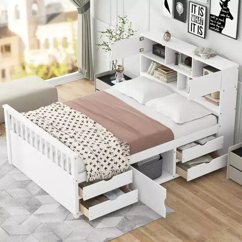 Letto a piattaforma matrimoniale Captain con testiera contenitore e 4 cassetti