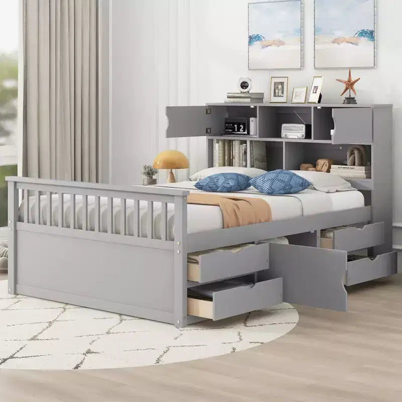 Letto a piattaforma matrimoniale Captain con testiera contenitore e 4 cassetti