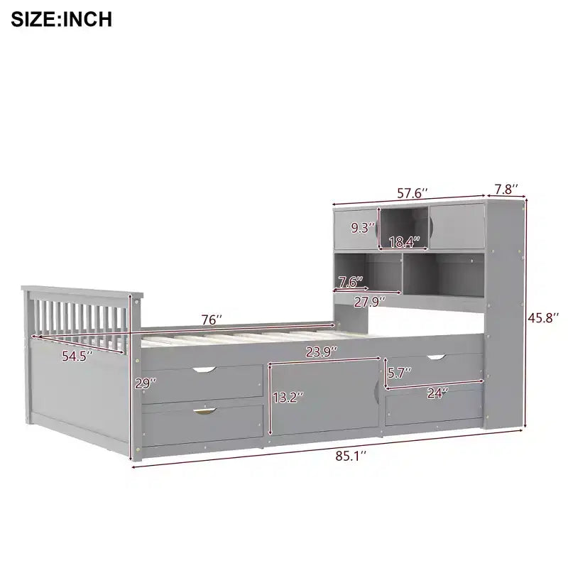 Letto a piattaforma matrimoniale Captain con testiera contenitore e 4 cassetti