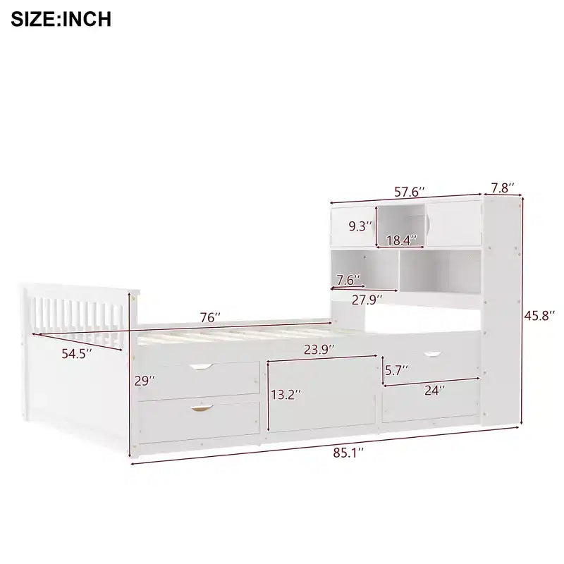 Letto a piattaforma matrimoniale Captain con testiera contenitore e 4 cassetti