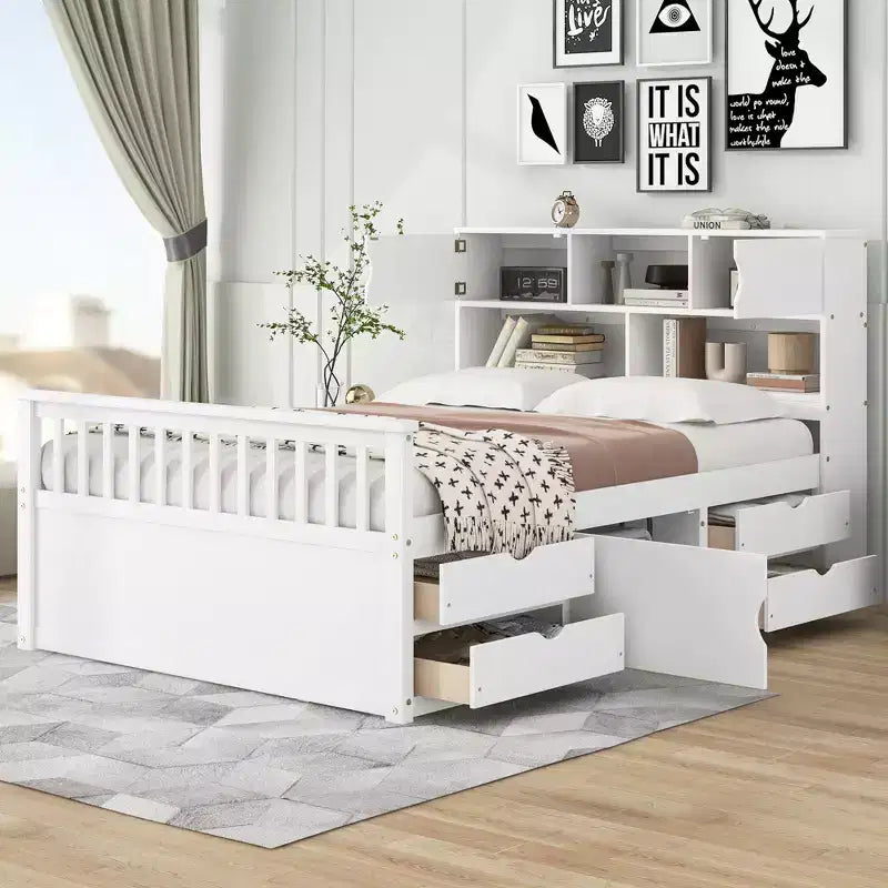 Letto a piattaforma matrimoniale Captain con testiera contenitore e 4 cassetti