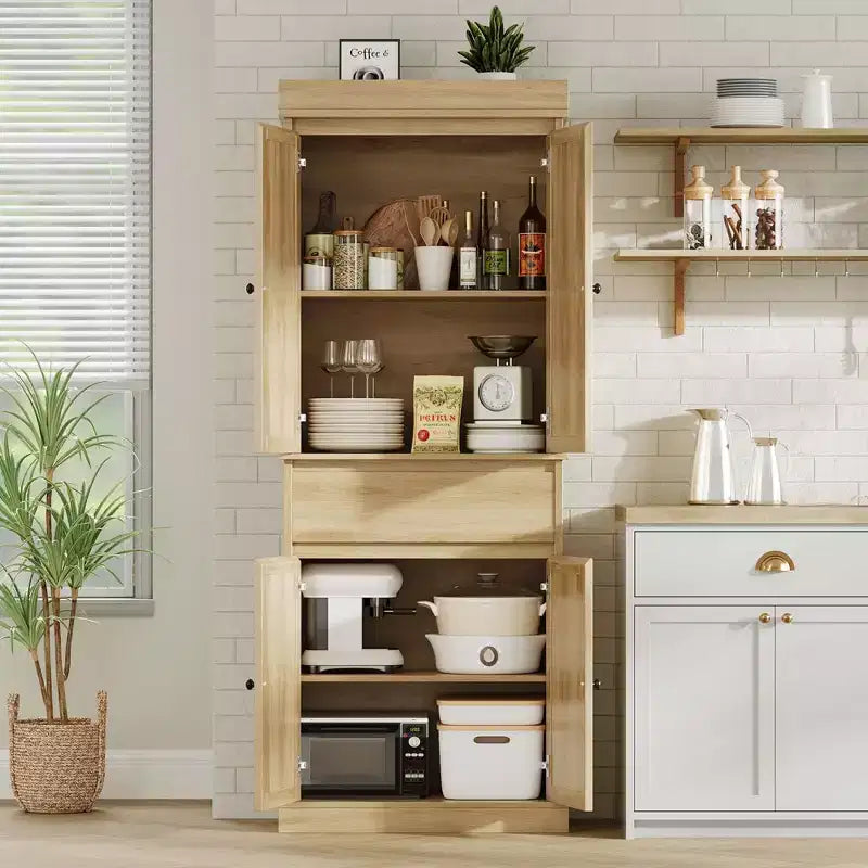 Mobile Dispensa da Cucina, Armadio Contenitore Alto con Ante in Rattan e Ripiani Regolabili, Credenza Indipendente con Cassetto
