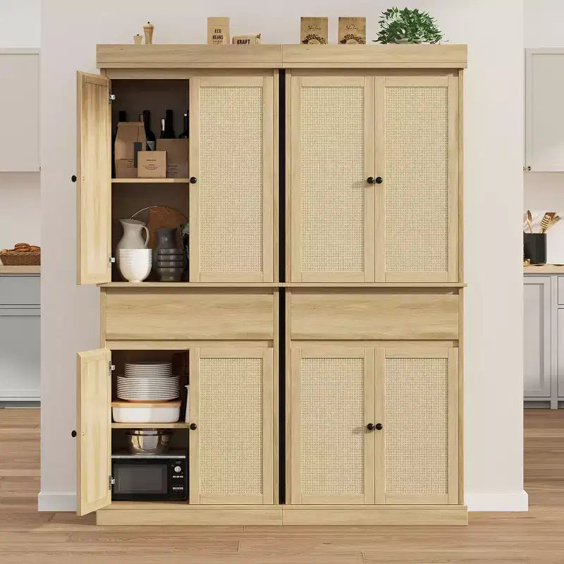 Mobile Dispensa da Cucina, Armadio Contenitore Alto con Ante in Rattan e Ripiani Regolabili, Credenza Indipendente con Cassetto