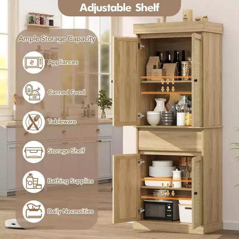 Mobile Dispensa da Cucina, Armadio Contenitore Alto con Ante in Rattan e Ripiani Regolabili, Credenza Indipendente con Cassetto